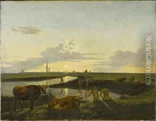 Canal Landscape with Figures Bathing View over Zwolle Oil Painting - Hendrick ten Oever