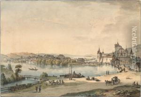 Ansicht Des Schlosses Und Des Dorfes Von Nidau Oil Painting - Johann Ludwig Aberli