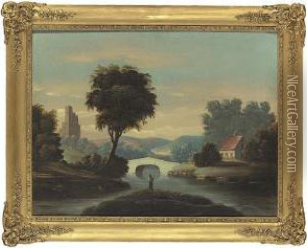 A Landscape: Fishermen By A River With Cottage And Ruined Castle Oil Painting - William Matthew Prior
