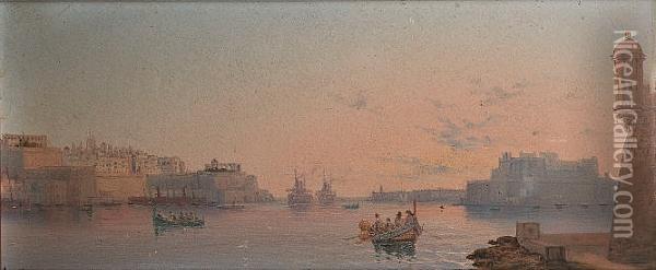 The Grand Harbour At Dawn; At Dusk, A Pair Oil Painting - Luigi Maria Galea