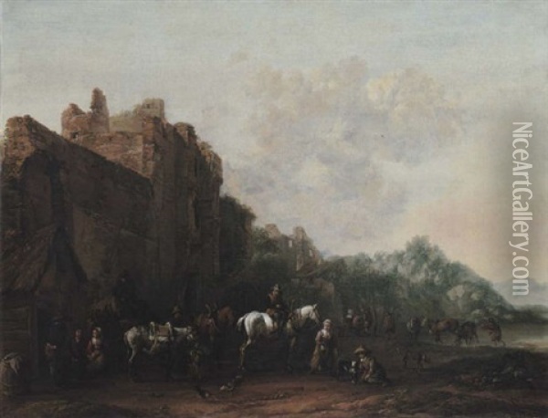 Travellers And Pack Animals Resting Before A Ruined Building Oil Painting - Barend Gael