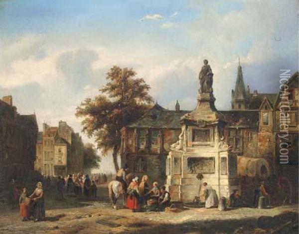 A Meeting In A Continental Town Square Oil Painting - Laurent Herman Redig