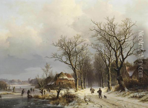 A Wooded Winter Landscape With Travellers On A Snow Covered Path And Skaters On The Ice Oil Painting - Johann Bernard Klombeck