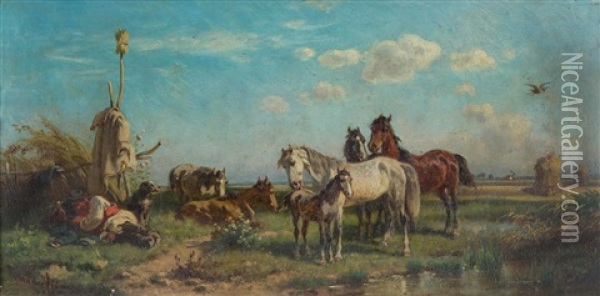 Pferde An Der Tranke Mit Schlafendem Hirten Und Hund Oil Painting - Adolph van der Venne