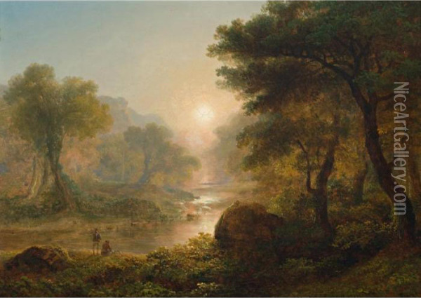 Fishing In An Irish Stream At Sunset Oil Painting - James Arthur O'Connor