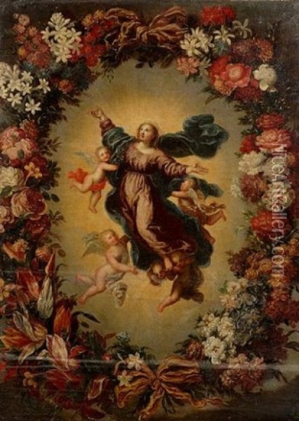 The Assumption Of The Virgin Within A Floral Surround Oil Painting - Mario Nuzzi