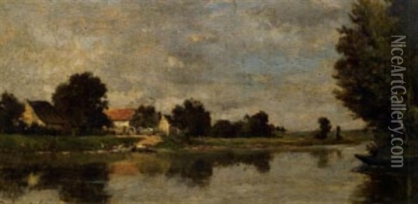 Paysage Avec Riviere Oil Painting - Karl Pierre Daubigny