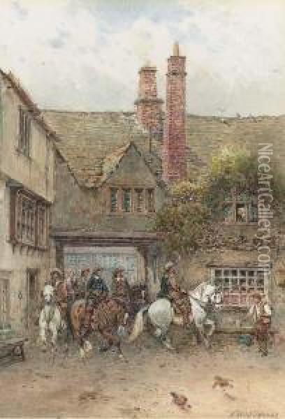 Cavaliers On Horseback Arriving At The Inn Oil Painting - William Woodhouse