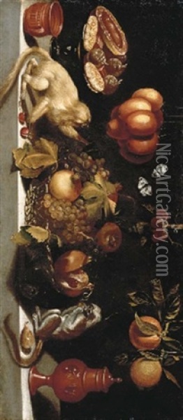Grapes And Pomegranates In A Wicker Basket With Candied Fruit On A Tazza, Earthenware And Two Marmosets On A Stone Ledge And Fruit Suspended From The Wall Oil Painting - Juan Van Der Hamen Y Leon
