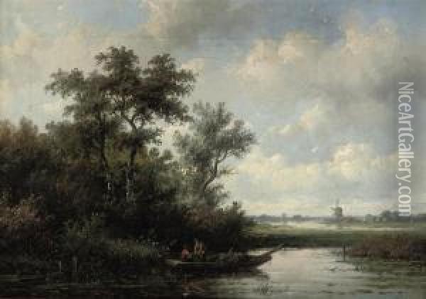 Fishing In A Polder Landscape Oil Painting - Anthonie Jacobus Van Wyngaerts