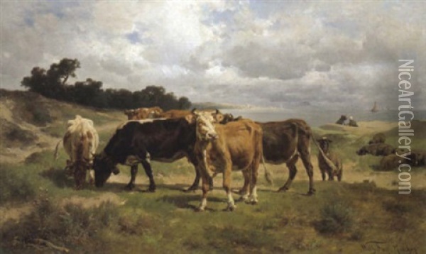 Weidende Kuhe Und Schafe Vor Kustenlandschaft Oil Painting - Wilhelm Friedrich Frey