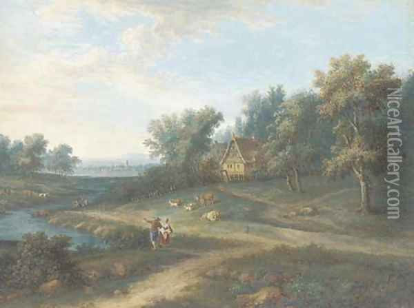 An extensive landscape with two figures by a stream Oil Painting - Johann Christoph Dietzsch