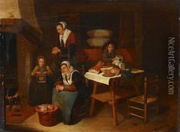 Interieur Mit Zwei Frauen Und Zwei Kindern Oil Painting - Quiringh Gerritsz. van Brekelenkam