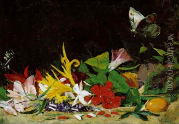Blumenstilleben Mit Schmetterling Oil Painting - Salvador Abril y Blasco
