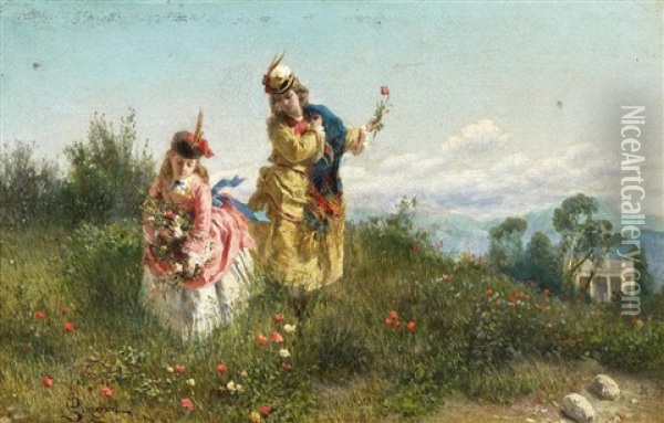 Zwei Damen Blumen Pfluckend Oil Painting - Defendi Semeghini