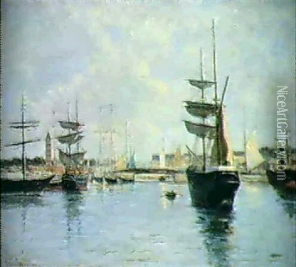 A View Of A Port Oil Painting - Johannes Martin Grimelund