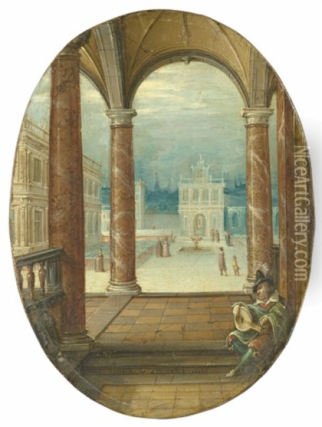 The Courtyard Of A Renaissance Palace, Viewed From A Portico, With A Lute Player In The Foreground Oil Painting - Aert van Antum