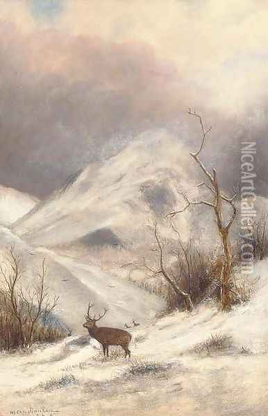 Deer in a winter landscape Oil Painting - Nils Hans Christiansen