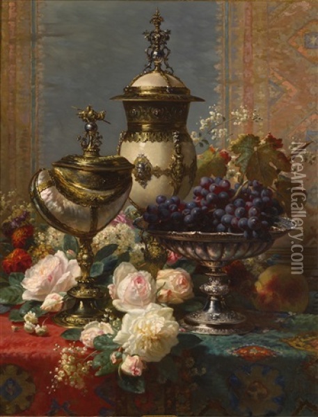 A Still Life With Roses, Grapes, And A Silver Inlaid Nautilus Shell Oil Painting - Jean-Baptiste Robie
