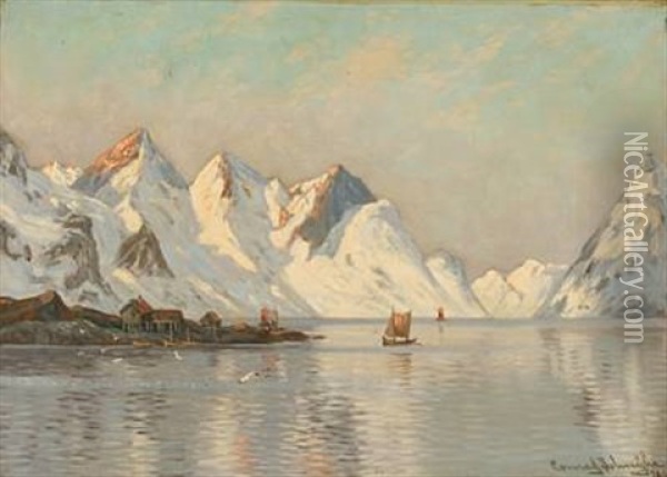 Havno, Nordland, Lofoten (fiord Scene From Lofoten In Norway) Oil Painting - Conrad Hans Selmyhr