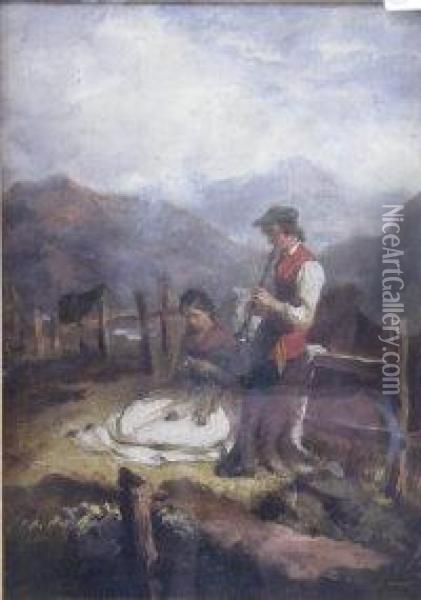A Highland Couple, He Playing The Oboe Oil Painting - Alexander Johnston
