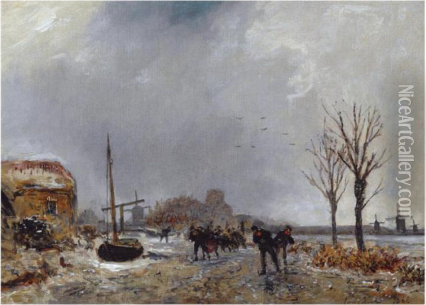 Many Skaters On A Frozen Canal Oil Painting - Johan Barthold Jongkind