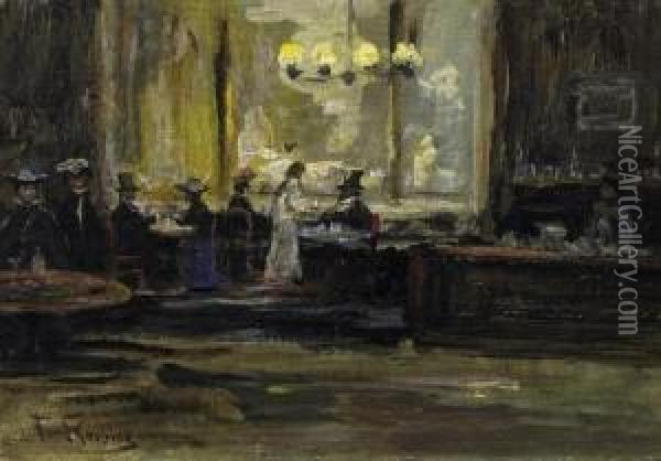 In The Cafe. Study. Signed Lower Left: F. Skarbina Oil Painting - Franz Skarbina