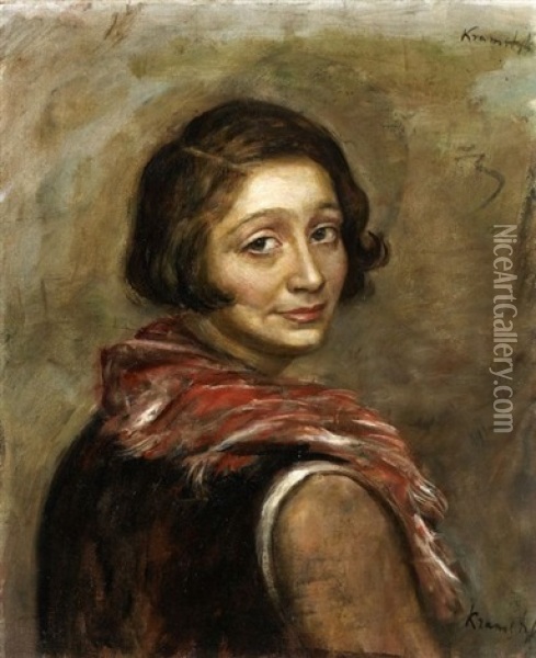 Portrait De Femme Au Foulard Oil Painting - Romain Kramstyk