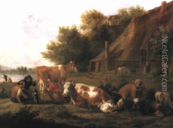 Drovers With A Milkmaid And Cattle Before A Farm In A Landscape Oil Painting - Jan van Gool
