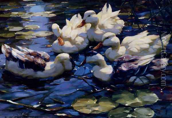Five Ducks In A Pond Oil Painting - Willem Koekkoek