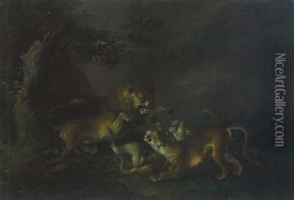 Lowe Im Kampf Mit Zwei Leoparden Oil Painting - Carl Borromaus Andreas Ruthart