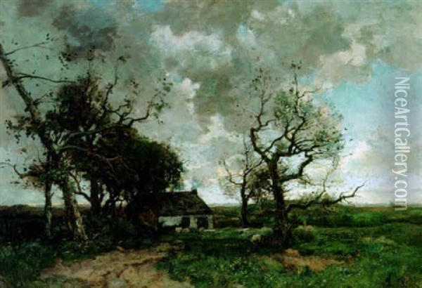 A Farm In A Landscape Oil Painting - Theophile De Bock