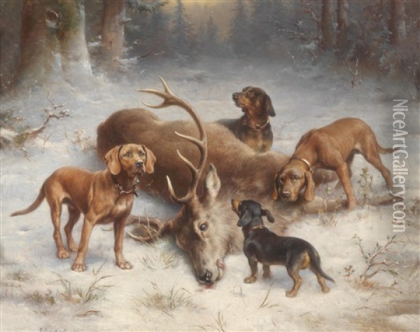 Schweishunde Bei Einem Erlegten Hirsch Oil Painting - Carl Reichert