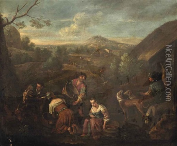 An Allegory Of Spring: A Hunter And His Dogs And Goatherds With Their Herd In A Pastoral Landscape Oil Painting - Jacopo dal Ponte Bassano