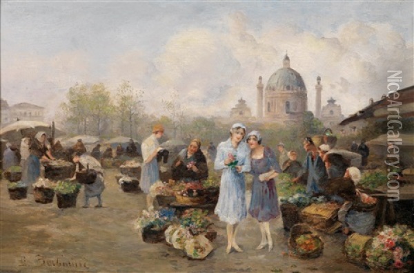 Blumenmarkt Am Wiener Naschmarkt Oil Painting - Emil Barbarini