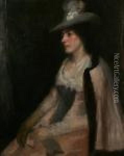 Portrait Of A Lady, Seated, Wearing Pink Dress And Cape, And A Grey Hat Oil Painting - John Lavery