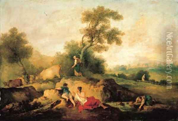 A landscape with figures by a stream, herdsmen and cattle beyond Oil Painting - Francesco Zuccarelli