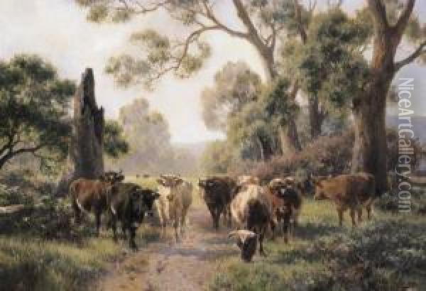 Cattle Grazing In A Summer Pastoral Oil Painting - Jan Hendrik Scheltema