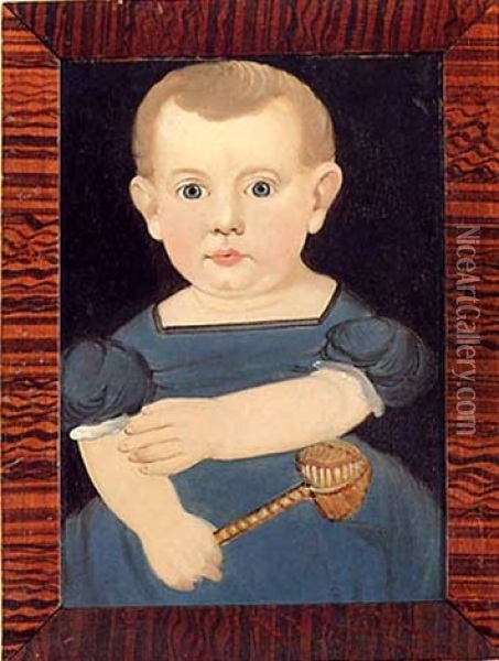 Portrait Of A Baby In A Blue Lace-trimmed Dress, Holding A Wicker Rattle Oil Painting - William Matthew Prior