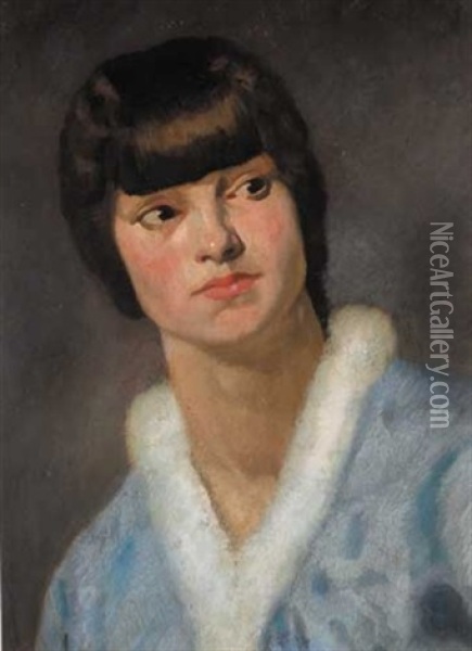 Young Woman In A Fur-collared Wrap Oil Painting - James Sinton Sleator