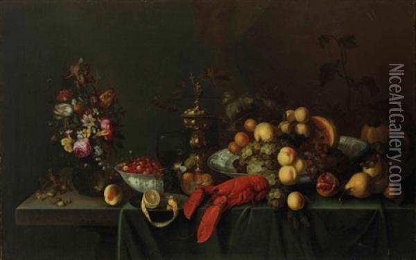 Still Life With Flowers, Fruits And Lobster Oil Painting - Michiel Simons