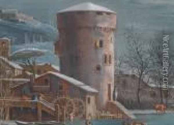 Winterliche Flusslandschaft Mit Turm Und Stadt In Der Ferne Oil Painting - Marco Ricci