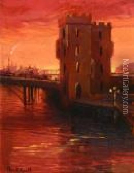Bridge With Crenellated Tower At Sunset Oil Painting - Stephen Robert Koekkoek