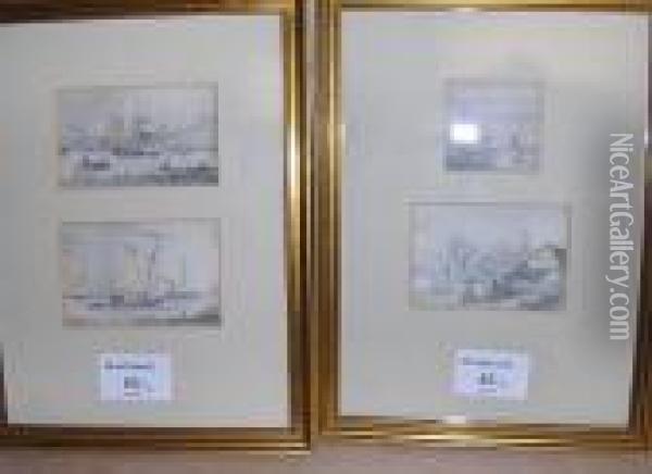 Four Miniature Landscape And Seascape Sketches, One 1859 Oil Painting - Joseph Thors