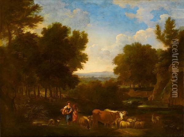 A Wooded Landscape With Peasants
 Resting; Anda Landscape With A Woman And A Young Boy Watering Their 
Cattle Andsheep At A River Oil Painting - Carlo Antonio Tavella
