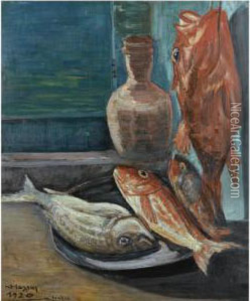Still Life With Red Snapper, Naxos Oil Painting - Konstantinos Maleas