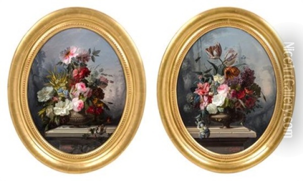 Urns With Flowers (a Pair Of Works) Oil Painting - Clement Gontier