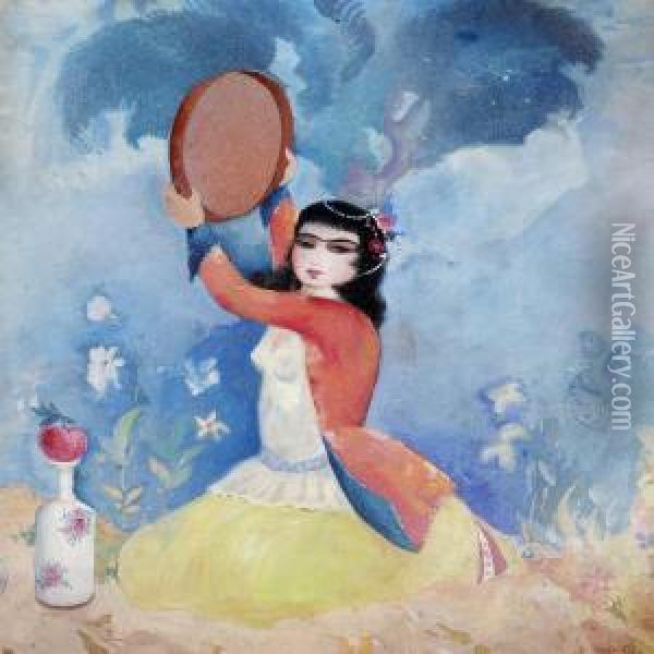 A Persian Woman From Isfahan Playing The Tambourine Oil Painting - Sarkis Katchadourian