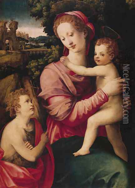 The Madonna and Child with the infant Saint John the Baptist, a wooded river landscape with an imaginary palace beyond Oil Painting - Michele di Ridolfo del Ghirlandaio (see Tosini)