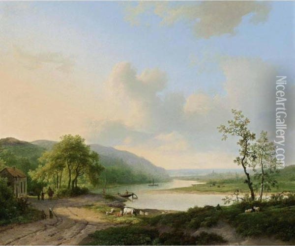 An Extensive River Landscape Oil Painting - Marianus Adrianus Koekkoek